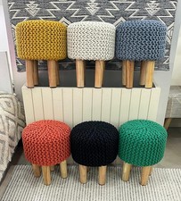 Knitted Pouffe Footstool Round Chunky Cushion Seat  with Wooden Base 32x32x42 cm