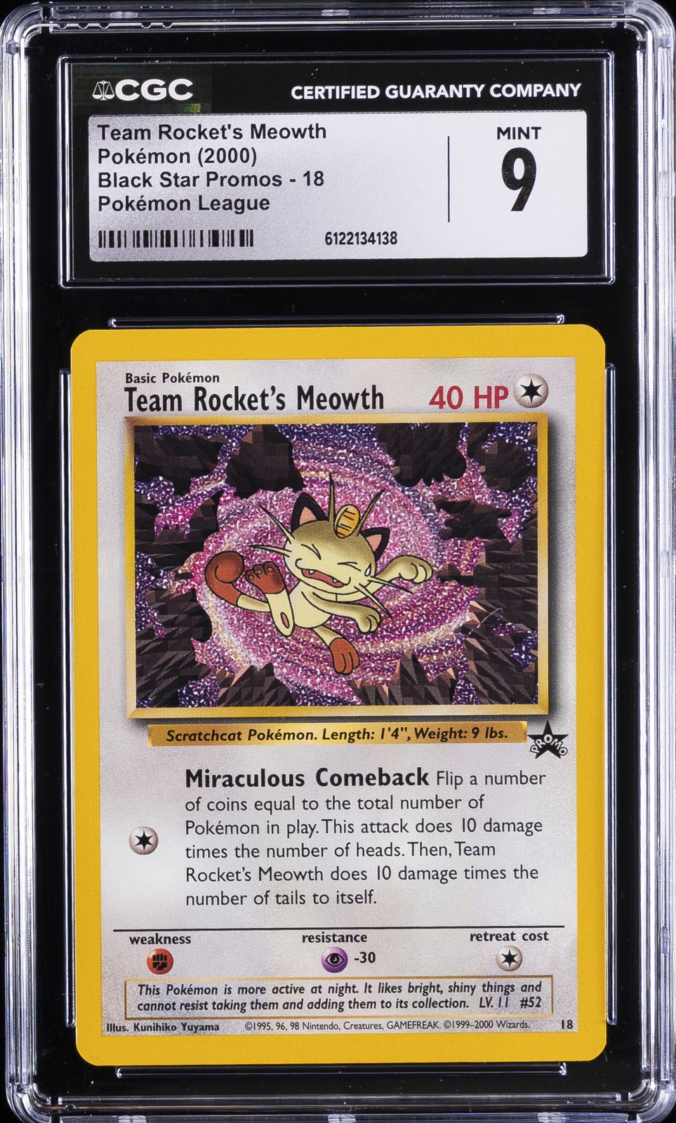 2000 POKEMON PROMO BLACK STAR POKEMON LEAGUE #18 TEAM ROCKET'S MEOWTH CGC 9