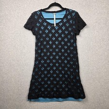 Geometric Crochet Lace Dress Womens XS Black Blue Shift Short Sleeve Lined