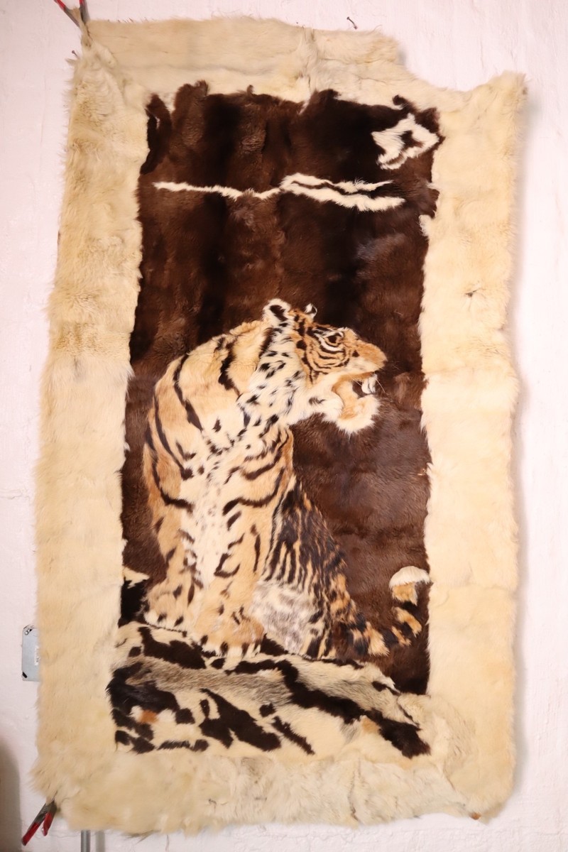 Vintage Sheepskin Sheep hide Fur Tiger motif Patchwork Rug 63” x36