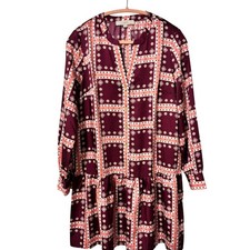 LOFT Burgundy Geometric Medallion Drop Waist Shift Dress Small Long Sleeve