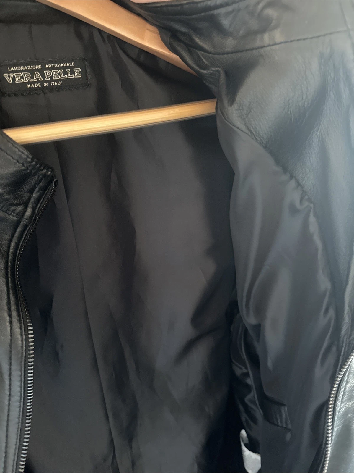 Vera Pelle Men's Genuine Leather Black Bomber Jacket Made In Italy Size 60 - product detail image 7