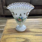 Hand Painted White Glass Fenton style Vase with Gold Ruffled Edge