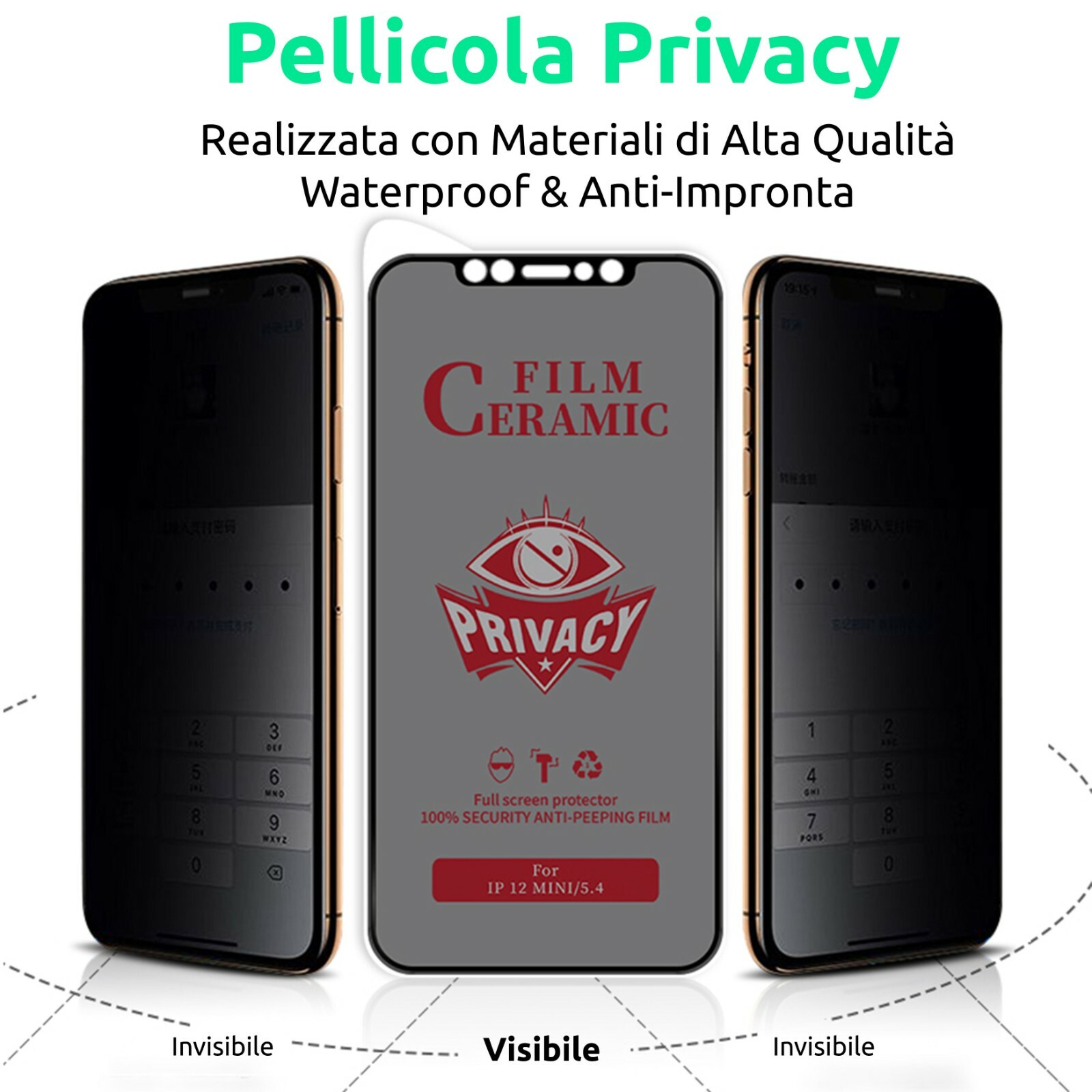 PELLICOLA CERAMIC PRIVACY VETRO PER IPHONE 15 14 13 12 MINI PRO...