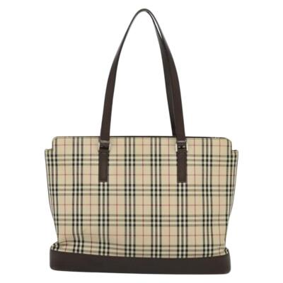 BURBERRY Nova Check Tote Bag Canvas Beige Silver Auth KD427