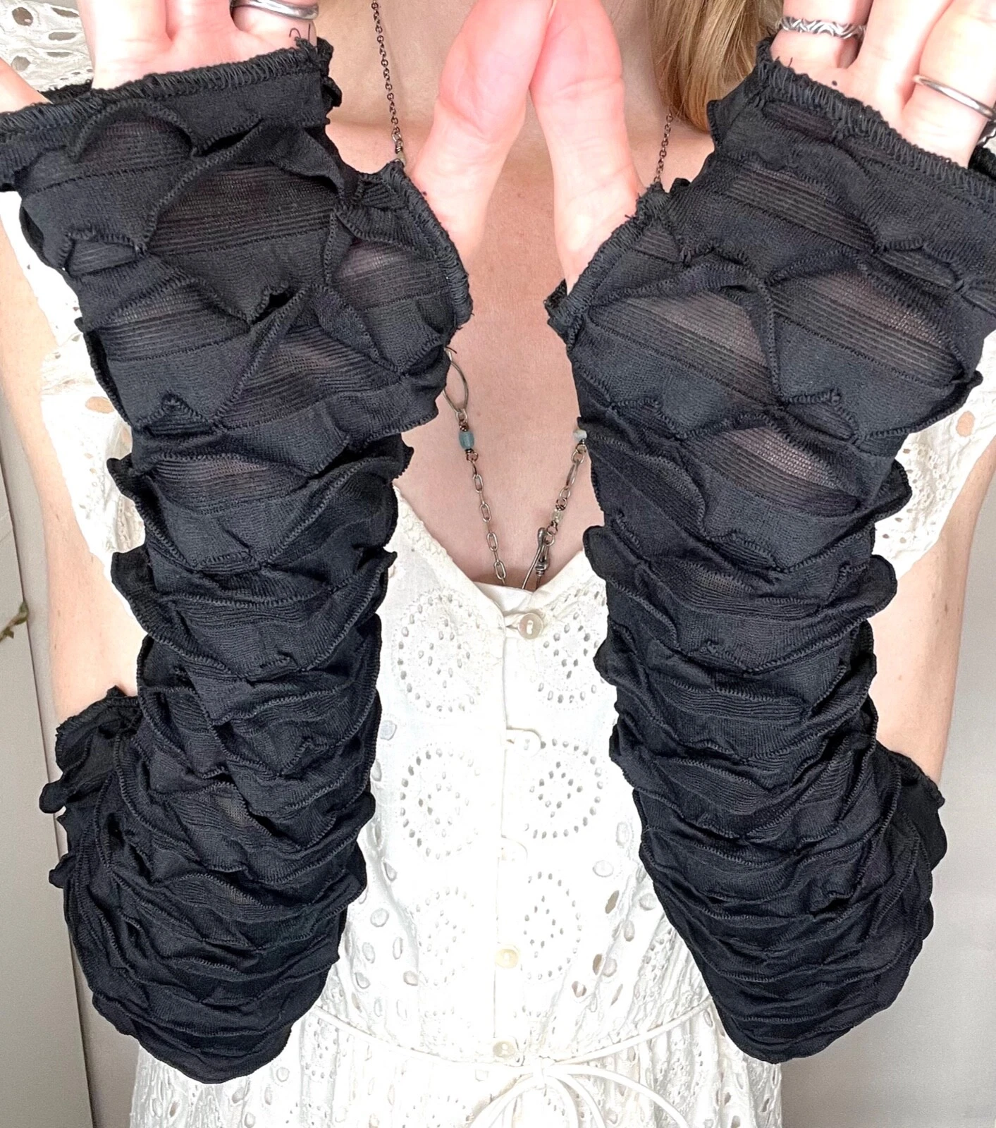 Ruffle Arm Warmers Black Mermaid Fish Scale Gloves Cosplay Hand Covers Fishnet