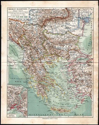 Balkan Peninsula 1909 Meyers Antique Map