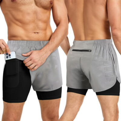 Men's 2 in 1 Running Shorts Quick Dry Workout Athletic Outdoor Sports Gym Shorts