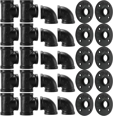 3/4''Black Pipe Fitting, 30 Pack 3/4'' Black Floor Flange/Elbow/Tee Combo for Ind