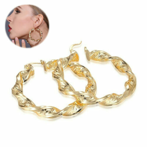Huge yellow Earrings 18ct Plated Gold Filled   Twist Large  60mm Big  Hoop - Picture 1 of 12