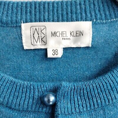 Michel Klein Paris Teal Blue Cardigan Sweater Wool Angora Peal Accent Size  38 Sm