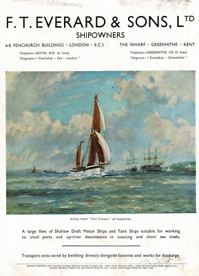 1940s Vintage Fred Everard Sailboat Ship Boat Color Art Print Ad