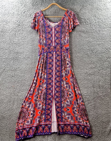 MILLERS Womens Maxi Dress Size 14 Orange Purple Stretch Knit A-line Short Sleeve