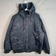 J. Crew Mens Blue Hooded Bomber Jacket Large Nylon/Polyester Ribbed Hem & Cuffs