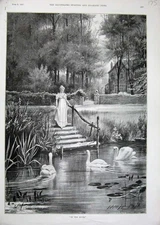 Original Old Antique Print 1891 Fine Art Lady Swans River Steps Trees House