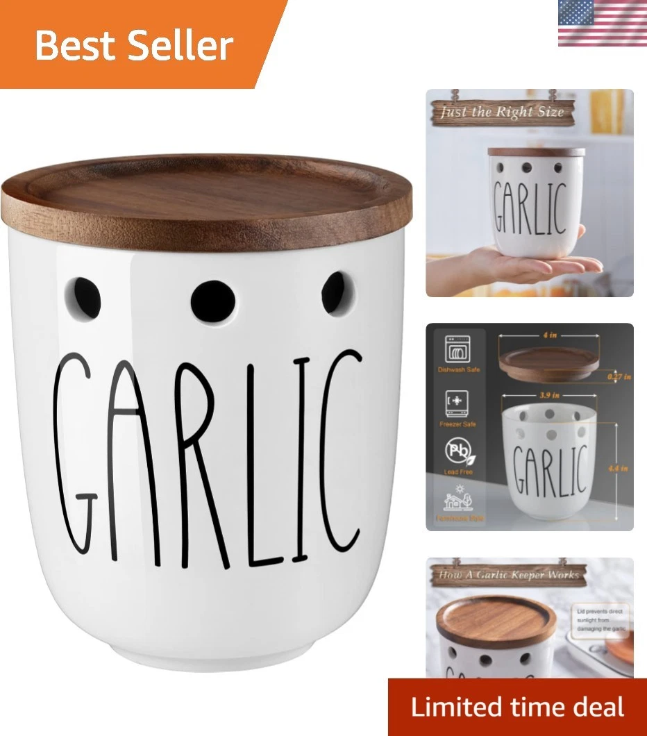 Garlic Keeper for Counter, Ceramic Garlic Keeper with Acacia Wood Lid, Garlic...