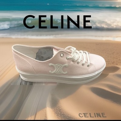 CELINE Pink Canvas/Calfskin Triomphe Patch Jane Sneakers Size 10 MSRP $690