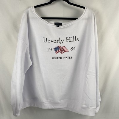 White Lightweight Sweatshirt Off Shoulder Beverly Hills 1984 US Flag Sz XXL