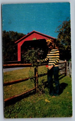 Postcard 1970s Frederick County, MD Covered Bridge & Woman
