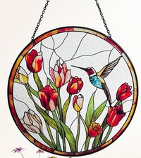 Hummingbird and Tulips Stained Glass Suncatcher - Handcrafted Real Glass Window