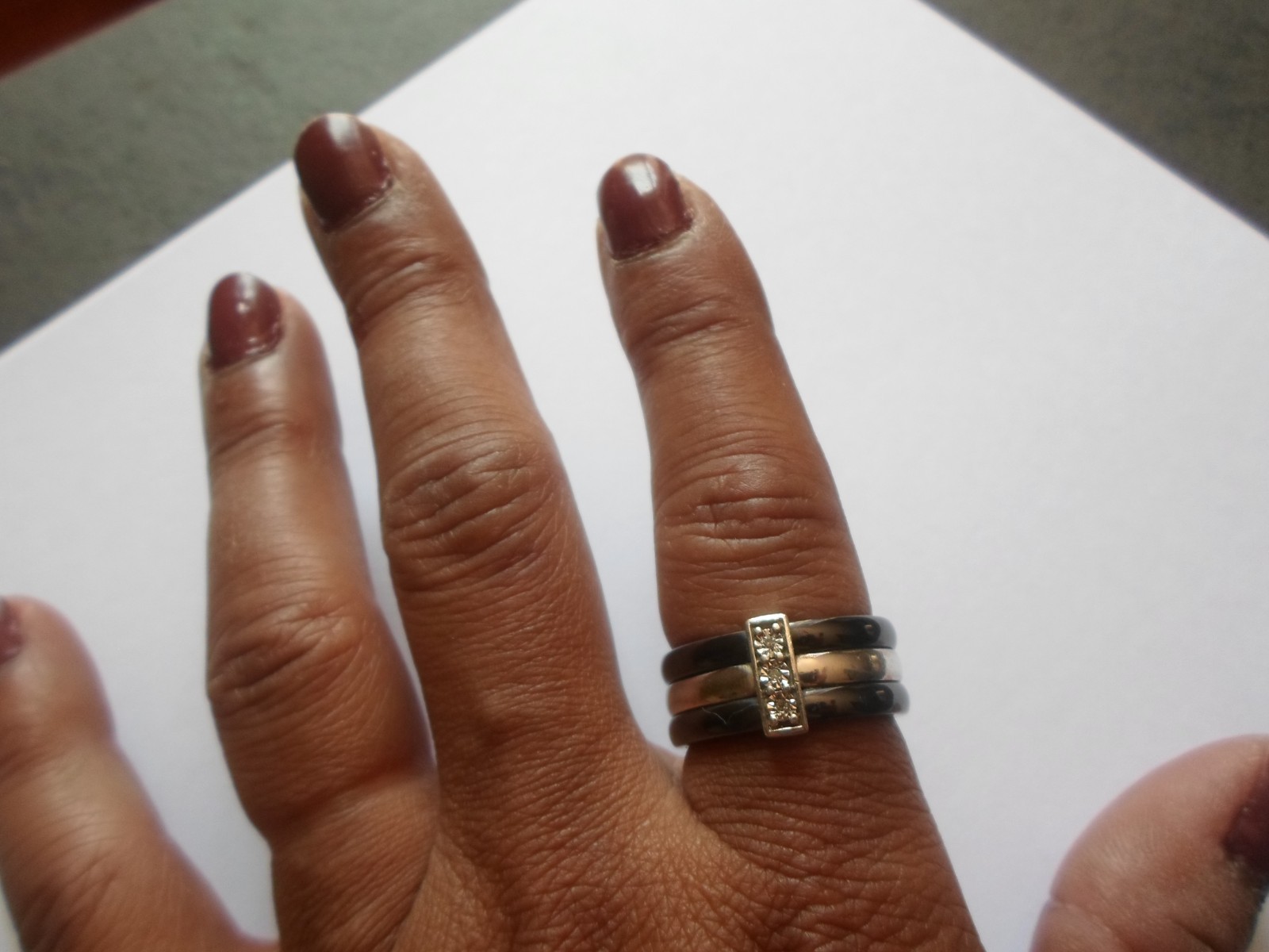 ceramic and solid silver ring, triple rows, rhine… - image 3