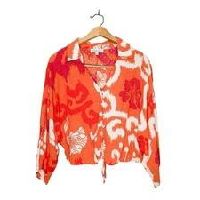 Rachel Zoe Tropical Print Colorful Button Tie Front Oversized Boxy Top Medium M