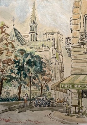 Notre Dame de Paris, Aquarell datiert 1955, Signatur zu identifizieren
