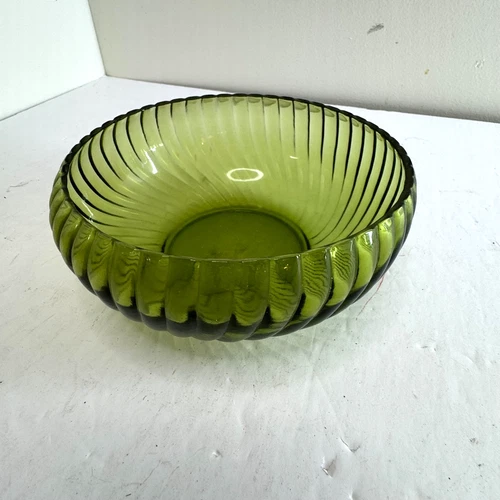Vintage Green Ribbed Glass Bowl Mid Century Mod Anchor Hocking Display Bowl