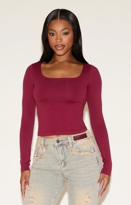 NEW Gaze Women s M Cropped Blouse Square Neck Long Sleeve Burgundy