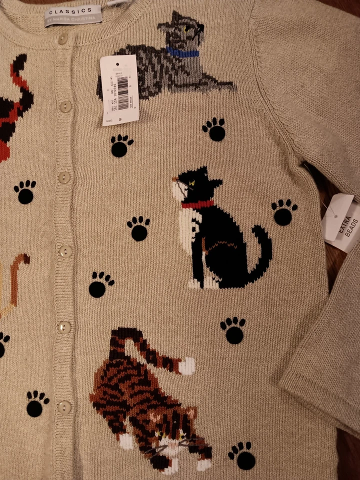 RARO DE COLECCIÓN Marisa Christina Cat Cárdigan Suéter Nuevo con Etiquetas Talla Pequeña Bordado Beige  Foto 4 de 4