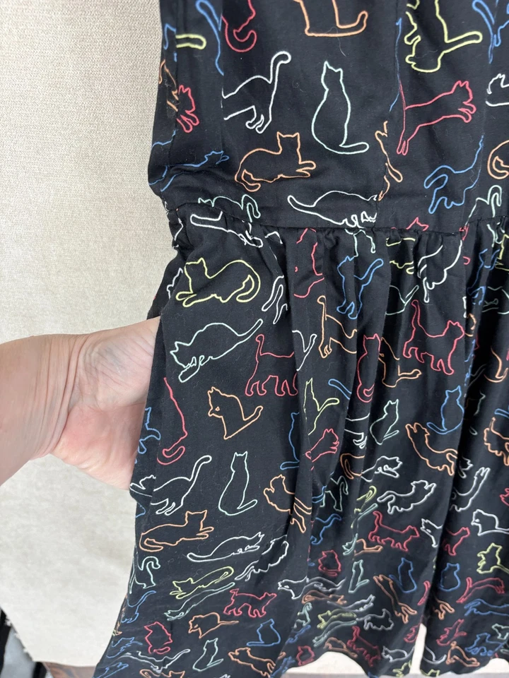 Vestido Modcloth L Negro Estampado de Gato Sin Mangas Ajuste Acampanado Bolsillos Retro Foto 4 de 4