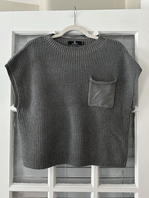 Lillusory Women s XL Gray Knit Short Sleeve Crew Neck Sweater with Pocket