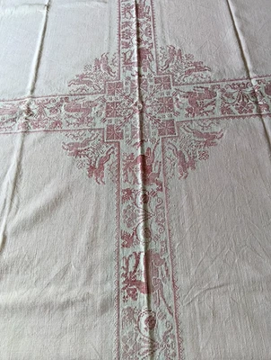 antike alte Leinen Tischdecke, 180x118cm, Hirsche, rosa bestickt, Stickerei - Bild 1 von 4