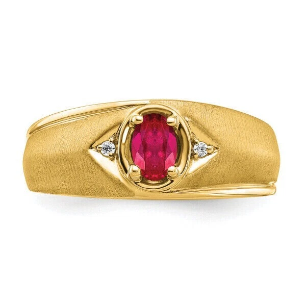14k Yellow Gold Oval Cut Natural Ruby and Diamond Men's Signet Band Ring - Image 3 of 4