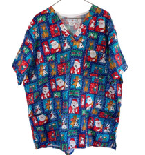 Peaches Uniforms Womens Scrubs Top L Christmas Santa Dog Reindeer Nurse Medical