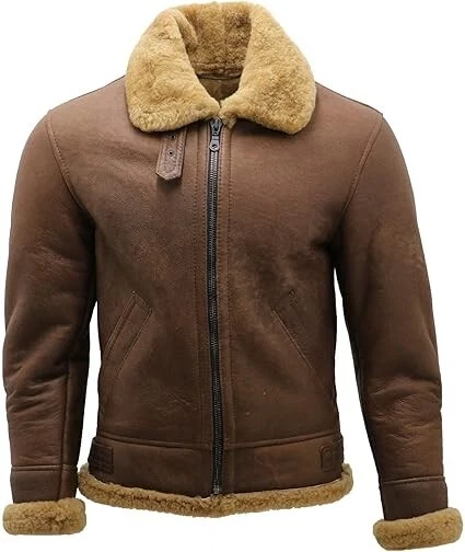 Men's B3 RAF Bomber Brown Aviator Flying Fur Shearling Real Leather Jacket Coat - Image 3 of 4