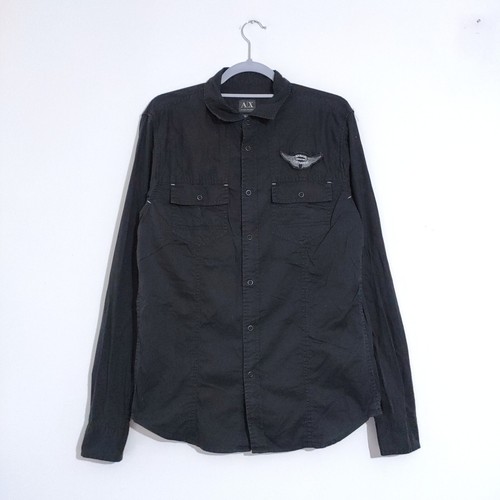Armani Exchange Shirt Mens M Black Long Sleeve Streetwear Snap Button Logo Patch - Picture 2 of 10