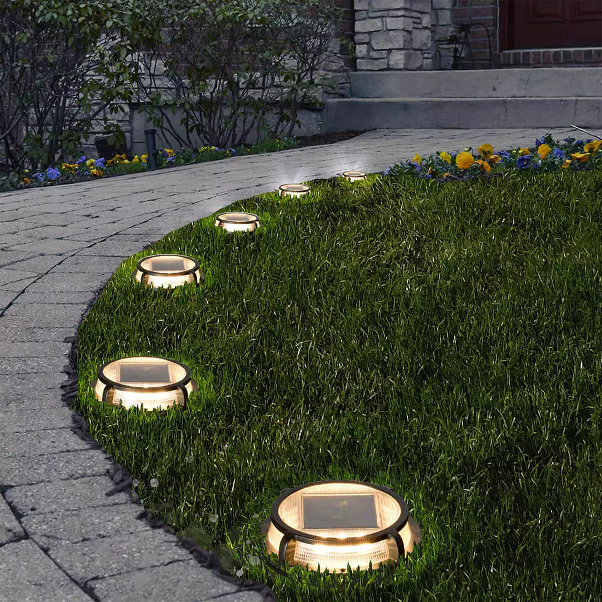 Sterno 4 Pk Solar Multi Surface LED Disc Light Step Walkways Poolside Garden