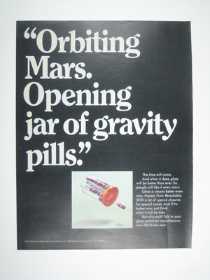 Orbiting Mars Open Jar of Pills Zero Gravity 1967 Print Ad Glass Container
