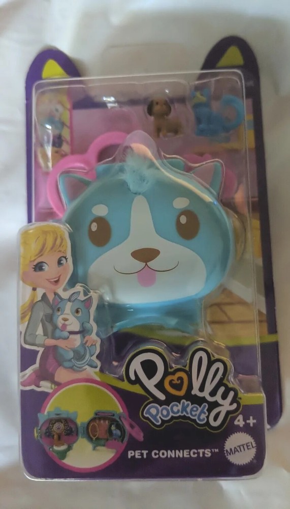 Polly Pocket Compact Pet Connects Playset Blue Puppy Dog Case w/ Two Dogs