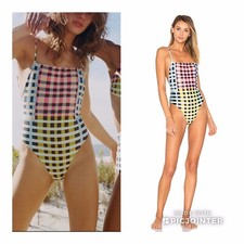 NWT 225 Sz XS Mara Hoffman High Cut Plaid One Piece Swimsuit Mustard