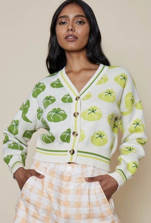 Rachel Antonoff Ana Cardigan - Linocut Tomatoes Vneck Green Garden Small **Read