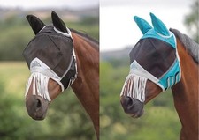 Shires Fine Mesh Fly Mask Ears Nose Fringe 70 UV Protection Teal Small Pony