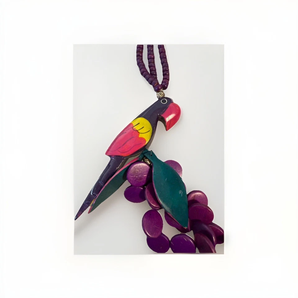 Vintage Purple Beaded Necklace Hand-Carved Wooden Parrot Pendant Tropical Boho - Image 2 of 4