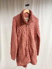 Aran Crafts 100 Merino Wool Cable Knit Pink Zip Long Thick Cardigan Sweater