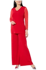 Antthony 2-piece Beaded Mesh Sleeve Tunic & Flared-Leg Pant Set Red