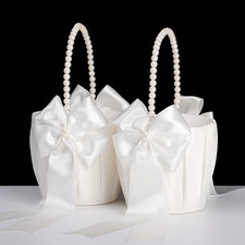 Flower Girl Baskets Ivory Satin Set Of 2 With Pearl Handle Wedding Petal Holders
