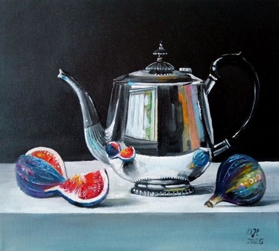 Still Life with Figs and Silver Teapot |Original Oil Painting on Canvas 18х20 cm