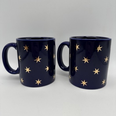 Pair Vintage Cobalt Blue Gold Stars Ceramic Celestial Coffee Mugs 90 s Y2K