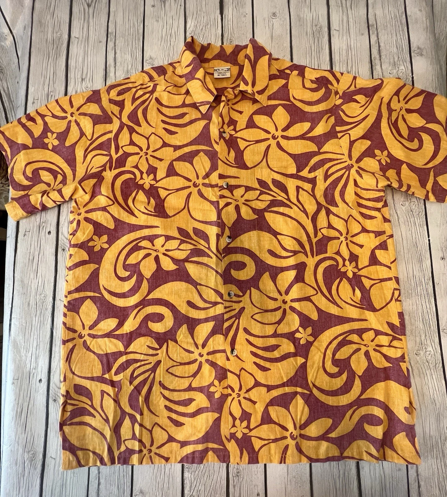 Go Barefoot Hawaiian Tradition Full Button Up Shirt XL Tall Orange And Red